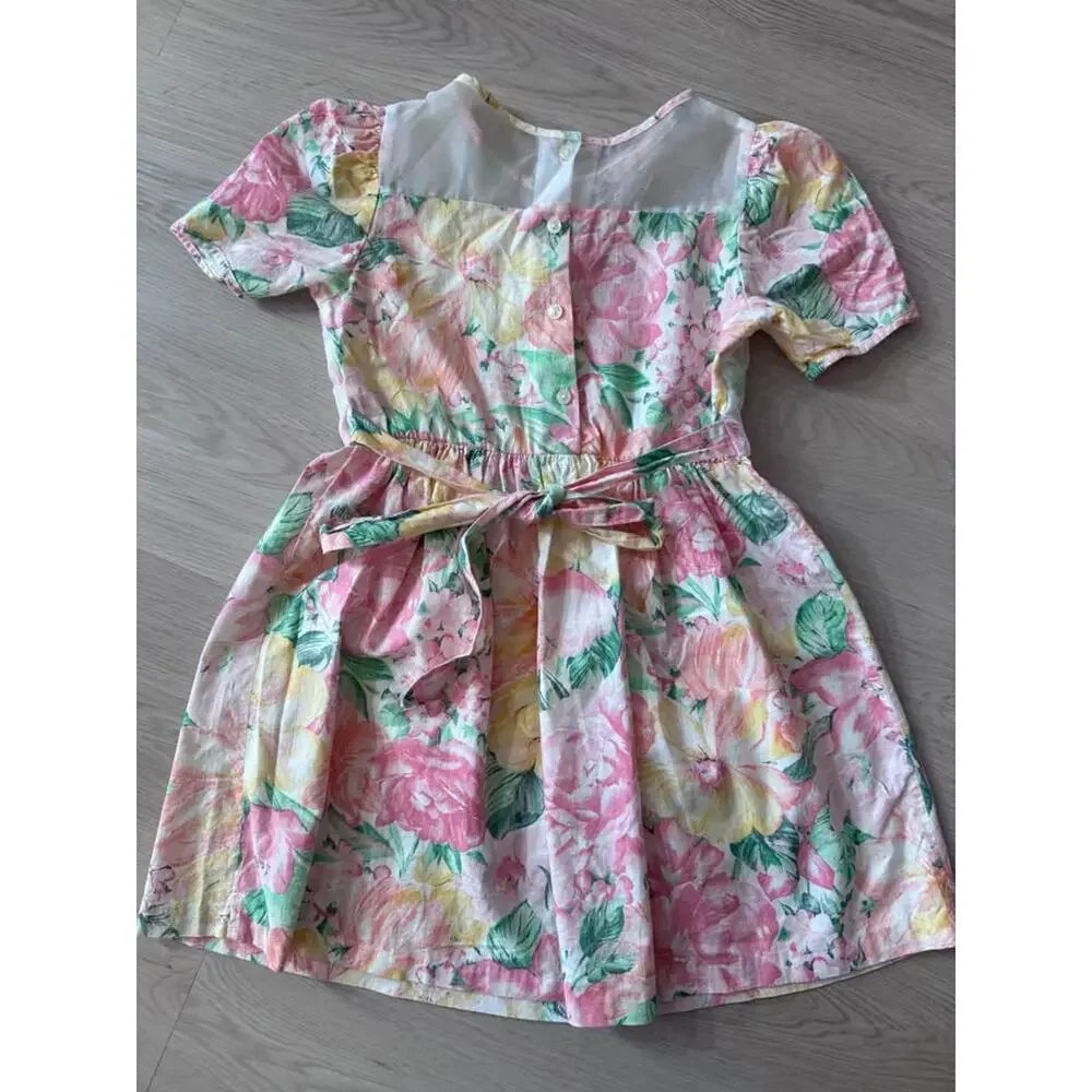 Vintage 80s 90s Girls Siz 8 Floral Drop Waist Peplum Dress Rose Cottage